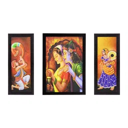 eCraftIndia Set Of 3 Orange & Blue Textured Radha Krishna Satin Matt UV Wall Painting image 3