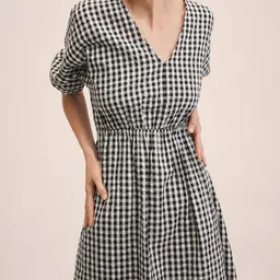 MANGO White & Black Checked Cotton A-Line Midi Dress image 2