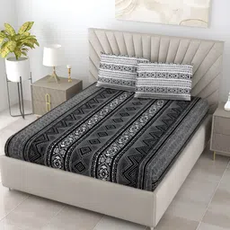 Salona Bichona Black & White Geometric 300 TC King Bedsheet with 2 Pillow Covers image 1