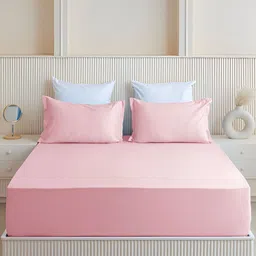 HOMEMONDE Pink Cotton 210 TC Fitted King Bedsheet with 2 Pillow Covers image 2