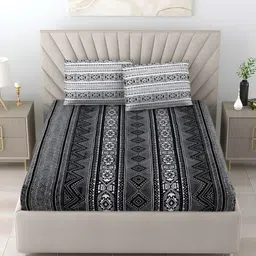 Salona Bichona Black & White Geometric 300 TC King Bedsheet with 2 Pillow Covers image 2