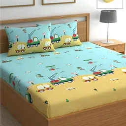 UrbanArts Sea Green & Beige Conversational 300 TC King Bedsheet with 2 Pillow Covers-image-2