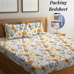 Arrabi Cream-Coloured & Orange Floral 300 TC King Bedsheet with 2 Pillow Covers-picture-23