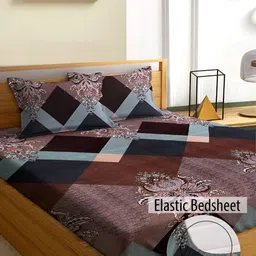 Aura Blue & Brown Geometric Microfiber 180 TC Fitted Queen Bedsheet with 2 Pillow Covers-image-47