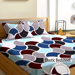 Aura Blue & White Geometric Microfiber Fitted 180 TC Queen Bedsheet with 2 Pillow Covers-image-48