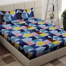 Arrabi Navy Blue & Yellow Geometric 300 TC King Bedsheet with 2 Pillow Covers-picture-33