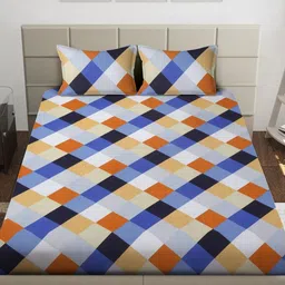 Arrabi White & Blue Geometric 300 TC King Bedsheet with 2 Pillow Covers image 5