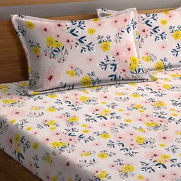 Arrabi Peach-Coloured & Yellow Floral 300 TC Flat King Bedsheet with 2 Pillow Covers image 2