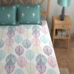 Srijee Decors White & Purple Floral 210 TC Fitted King Bedsheet With 2 Pillow Covers image 2