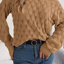 StyleCast Khaki Self Design Open Knit Pullover Acrylic Sweater image 3