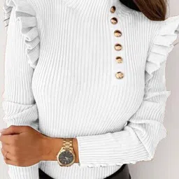 StyleCast White High Neck Button Detailed Pullover image 2