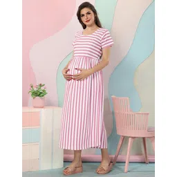easy mom Easymom Women Striped Maternity Fit & Flare Maxi Dress image 4