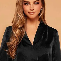 Kotty Black V-Neck Cuffed Sleeve Satin Top image 2