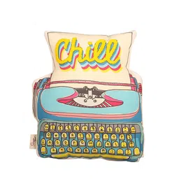 Sivya By Home Blue & Off-White Printed & Embroidered Typewriter Shape Cushion image 4