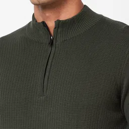 SPYKAR Striped Self Design Mock Collar Half Zipper Ribbed Cotton Pullover Sweater image 2