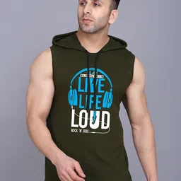 SLOWLORIS Pack Of 2 Printed Hooded Cotton Gym Vest SL28 COMBO (JUST MUSTARD) (LOUD OLIVE) image 2