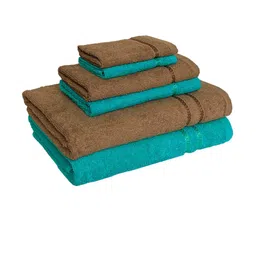 SPACES Set of 6 Sea Green & Tan Brown Solid Pure Cotton 380 GSM Towel Set image 2