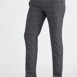 MR BUTTON Men Mid Rise Plain Checked Slim Fit Formal Trousers image 2