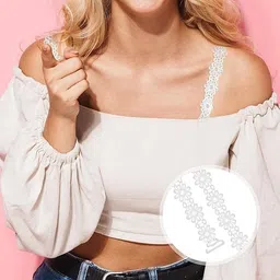 curated cart 2 Pcs Women's Full-Coverage Adjustable Elastic Bra Straps, Lace Flowers Replacement Shoulder Straps, Non-Slip Lingerie Straps Bras Tops Dress - White, 35cm to 48cm. image 3