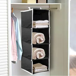 Kuber Industries Black Non Woven Hanging 4 Shelves Foldable Wardrobe image 4