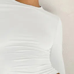 StyleCast White Round Neck Long Sleeves Crop Fitted Top With Thumbholes image 2