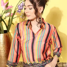 Anouk Orange Striped Shirt Collar Tunic & Trousers image 3