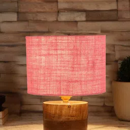 Devansh Pink & Brown Wooden Cylindrical Table Lamp With Jute Shade image 5