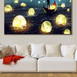 nestroots Grey & Yellow Boat and Orbs Canvas Painting Wall Art-picture-36