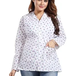 abrav Women's Floral Print Cotton Sun Coat/Summer Coat, Full Sleeves, White Pattern, Two Front Pockets image 1