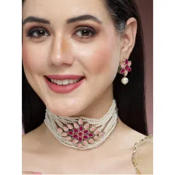 Karatcart Gold Plated Pearl Beaded Royal Pink Kundan Stone Choker Necklace Set-image-68