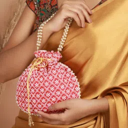 Aatmana Red & Gold Toned Chikan Embellished Work Potli Bag image 1
