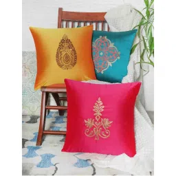 Zeba World Cushion Cover Cotton Aari with Hand Embroidery and Border Floral Multicolor (Pack of 3) (16x16 inches)-image-0