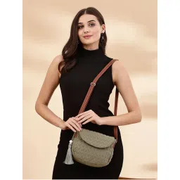 anekaant Uno Olive Green and Tan Polyester and Vegan Leather Chevron Quilted Sling Bag-picture-12