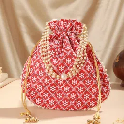 Aatmana Red & Gold Toned Chikan Embellished Work Potli Bag image 2