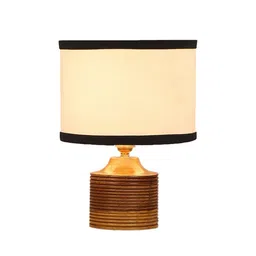 devansh Asa White & Black Cotton Table Lamp With Natural Wood Base image 2