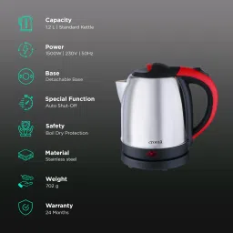 Croma 1500 Watt 1.2 Litre Electric Kettle with Overload Protection (Red) image 3