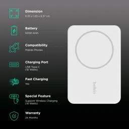 belkin BoostCharge 5000 mAh 10W Fast Charging Power Bank (1 Type C Port, Wireless Charging, White) image 3