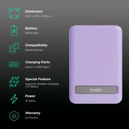 belkin BoostCharge 5000 mAh 7.5W Fast Charging Power Bank (Type C Port, Wireless Charging with Stand, Purple) image 3