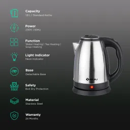 BAJAJ KTX 1500 Watt 1.8 Litre Electric Kettle with Concealed Heating Element (Black) image 3