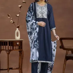 Mokshielite Floral Embroidered Round Neck Thread Work Cotton Kurta With Trousers & Dupatta-image-0