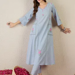 Indo Era Embroidered Cotton V Neck Top With Trousers Co-Ords-picture-18