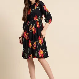 PINK VYBE Women Floral Printed Puff Sleeve Fit & Flare Knee Length Dress-picture-12