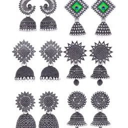 Sangria Set Of 6 Silver Plated Oxidized Jhumka Earrings-picture-40