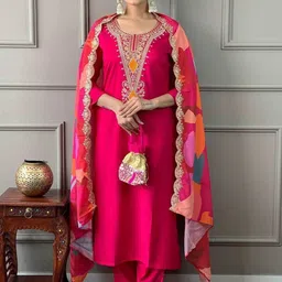 YAMUNE Women Ethnic Motifs Embroidered Regular Thread Work Kurta with Trousers & With Dupatta-picture-29