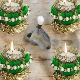 GADINFASHION Green & Gold-Toned 4 Pieces Textured Tealight Candle Holders-picture-44