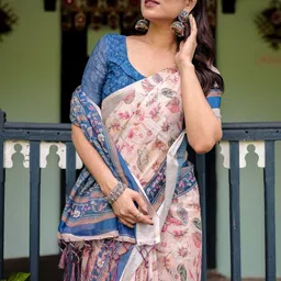 MAHARANI COUTURE Floral Printed Pure Linen Banarasi Saree image 4