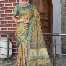 Mitera Floral Printed Zari Cotton Tissue Shimmer Saree With Unstitched Blouse Piece-picture-14