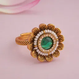 Kushal's Fashion Jewellery Gold-Plated Stone-Studded Ethnic Antique Finger Ring-image-12