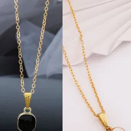 SZN Set Of 2 Gold-Plated Stones Studded Geometric Shaped Enamelled Pendants With Chains-picture-37