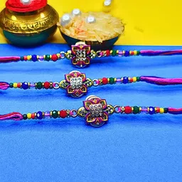 ORANGENYSHA Set Of 3 American Diamonds Studded & Beaded Meenakari Thread Rakhis image 4